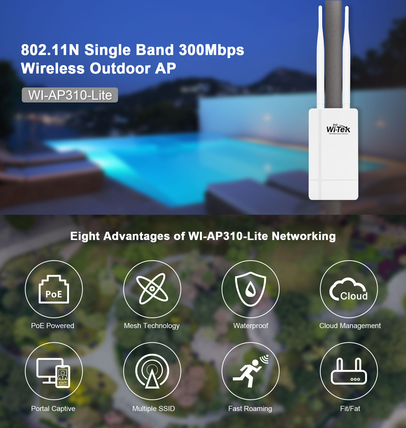 Внешняя точка доступа Wi-Tek WI-AP310-Lite, PoE, Wi-Fi 4 (802.11N) - Нижний  Новгород